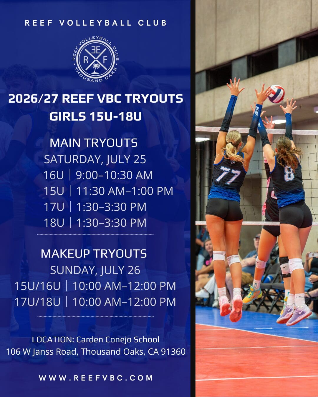 Girls Tryouts 15U-18U 2026 times